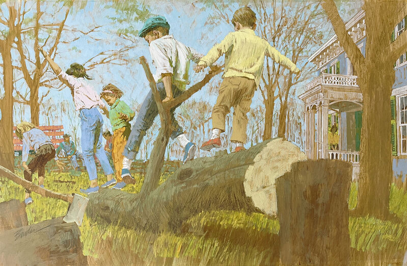 Joe Bowler - The Tree Cutters - Children Playing on a Fallen Tree - Saturday Evening Post?