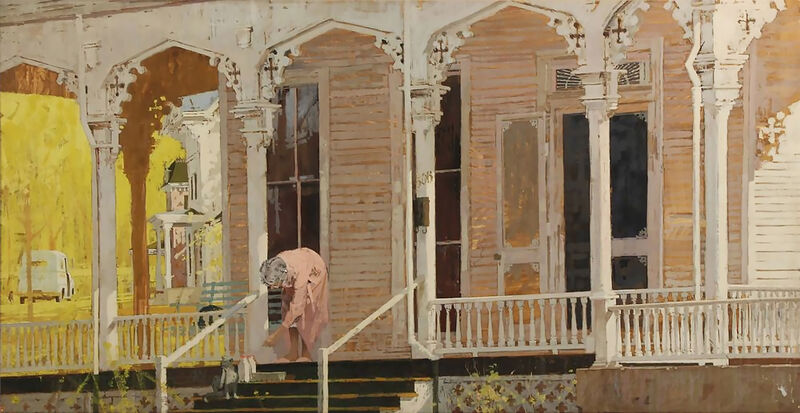 Joe Bowler - Woman on Porch Feed Her Cats at Early Morning, Mid Century