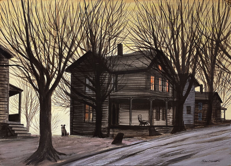 Stevan Dohanos - Dog in front of Wooden House during Winter Sunset - Like Charles Burchfield