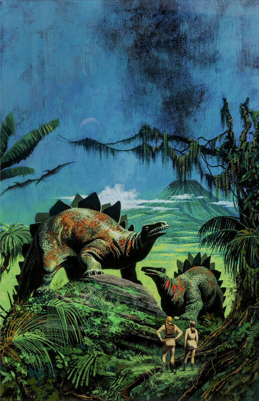 Don Punchatz - Dinosaurs and volcano. Jurassic park like image