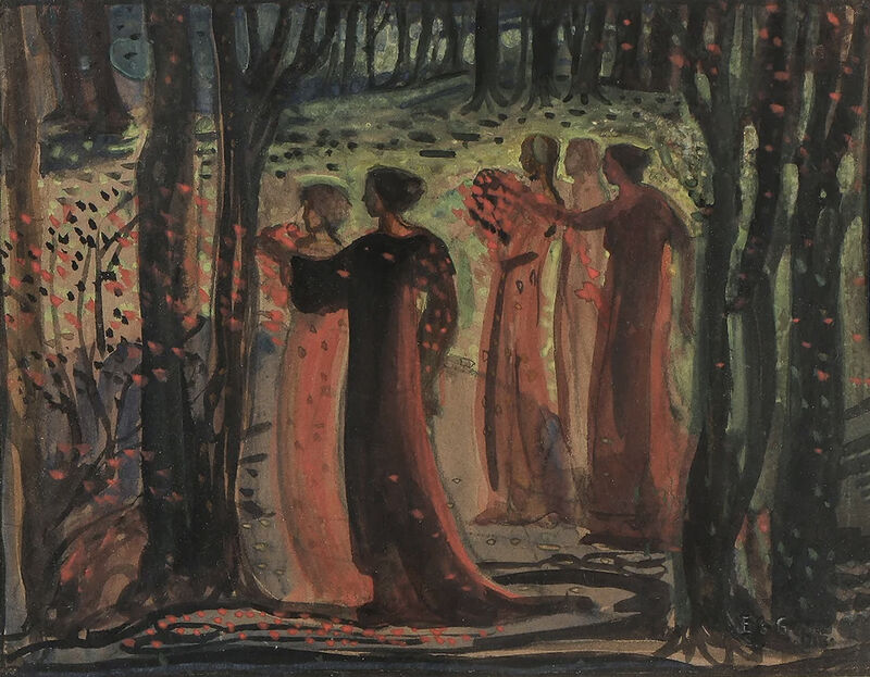 Elizabeth Shippen Green - Mystical Draped Female Figures in Forest Gathering Flowers