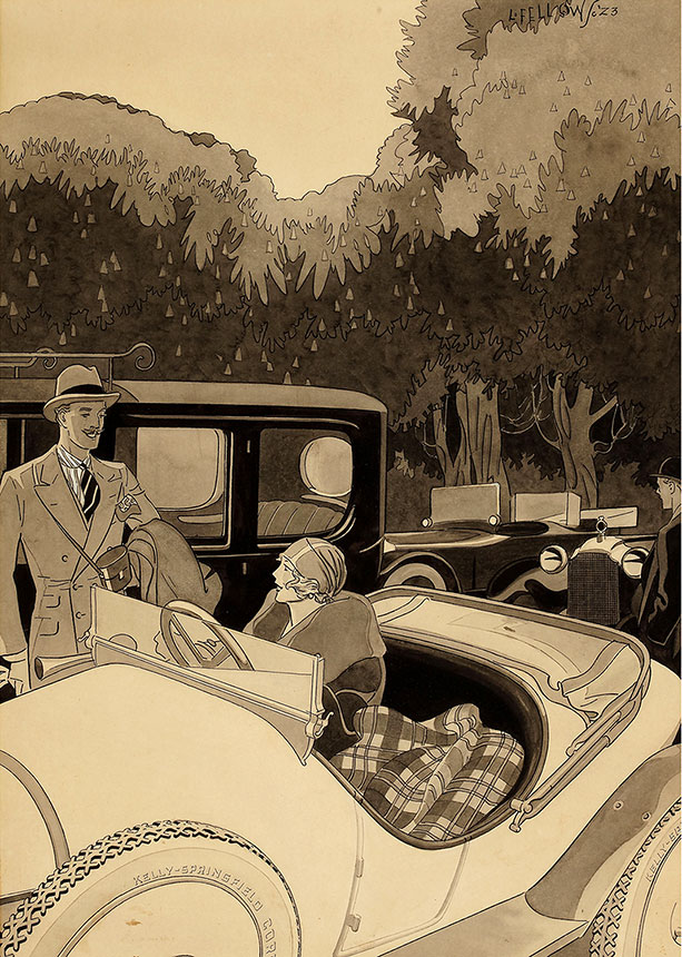 Laurence Fellows - Man and women in Car. Kelly Tires ad illustration, 1923