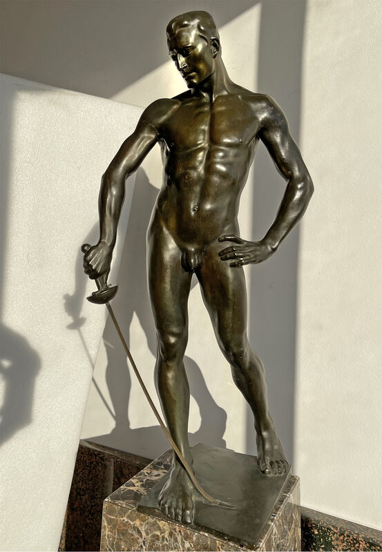 Hugo Lederer - Athletic Male Nude Bronze with Sword -  The Fencer