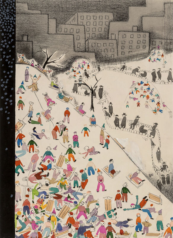 Ilonka Karasz - Children Snow Sledding in Central Park  - New Yorker Cover Study