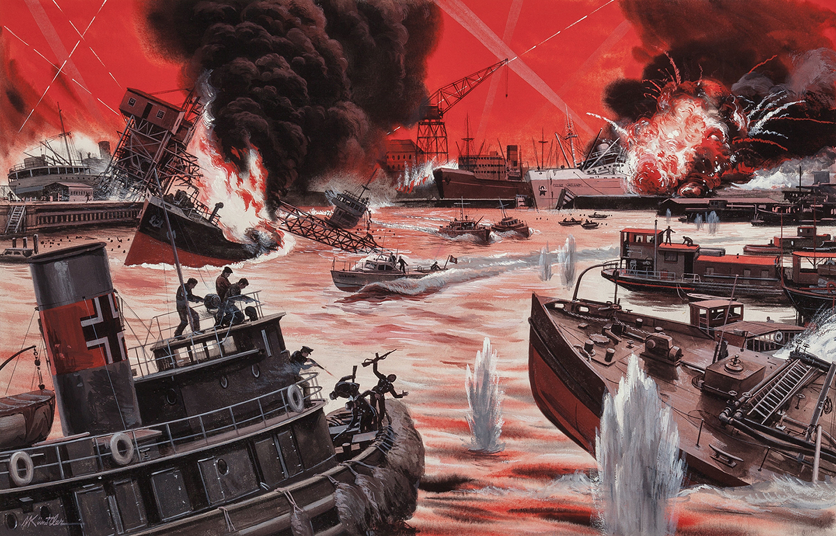 Mort Kunstler - Seal Off the Nazis at Antwerp Harbor, Stag magazine, True Book Bonus story illustration, April 1964