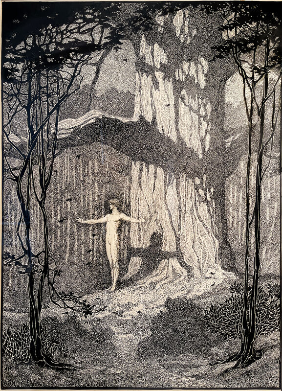 Lucy Beatrice Steven - Nude Man in Idyllic Fantasy Woodlands Pre-Raphaelite Female Illustrator