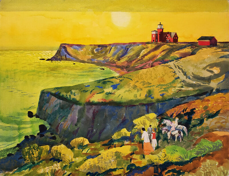 Millard Sheets - Summertime Martha's Vineyard - Yellow Sunset Golden Sky  Red Lighthouse