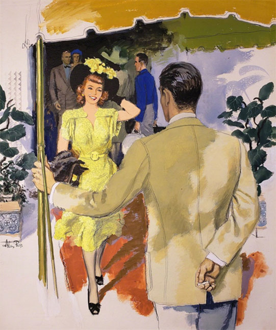 Alexander Sharpe Ross - Couples Greeting at Hotel, Illustration for The Saturday Evening Post, ca. 1949