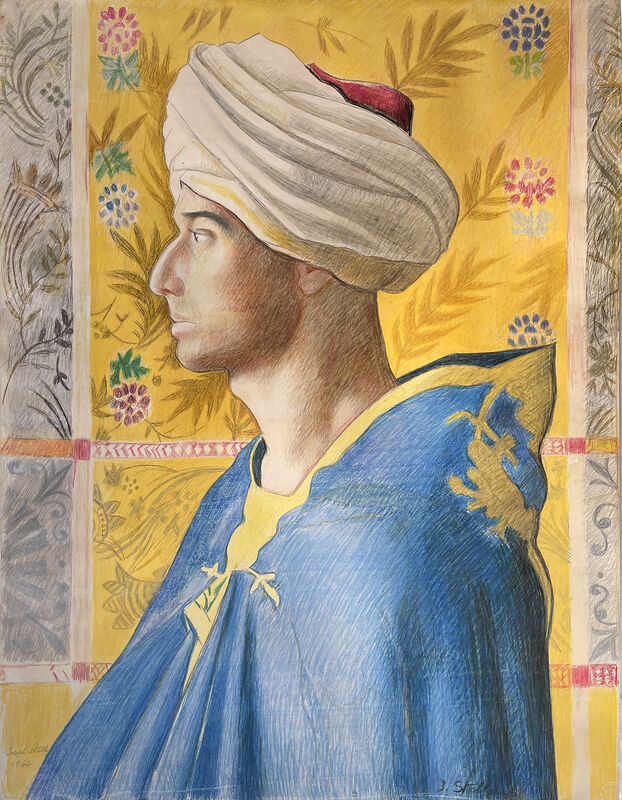 Joseph Stella - Middle Eastern Man with Turban and Blue Cloak in Profile against Yellow Background