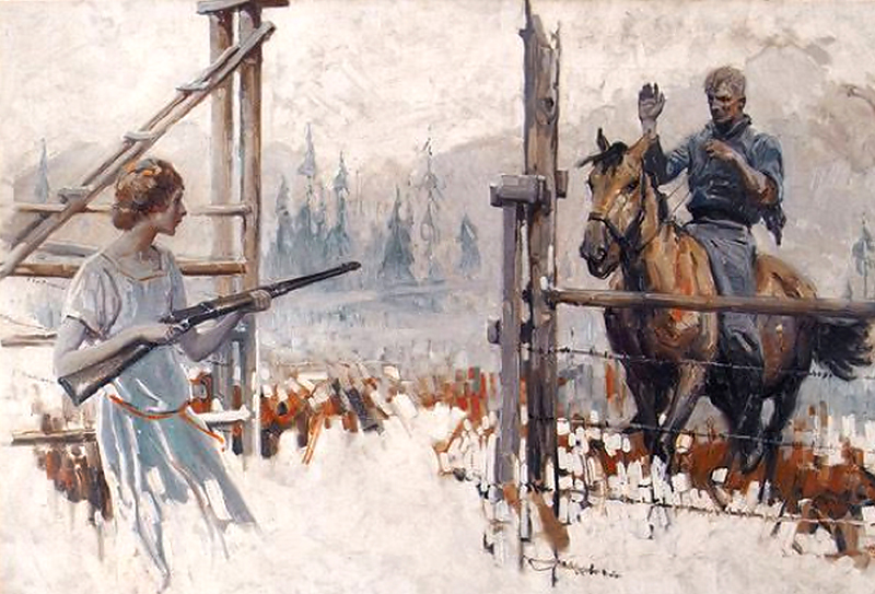 Herbert Morton Stoops - Woman holding gun and greeting man on horseback