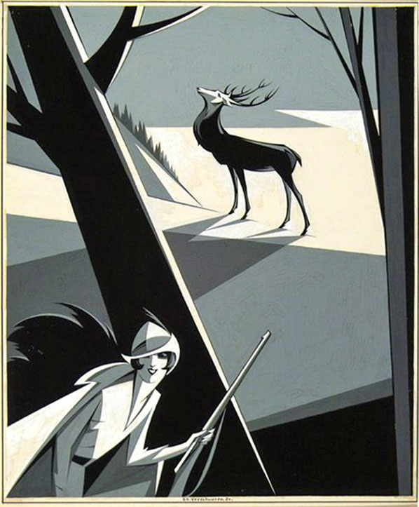 Charles Verschuuren - Female hunter stalks buck, Brooklyn Daily Eagle Sunday Magazine Cover, Illustration, 1925